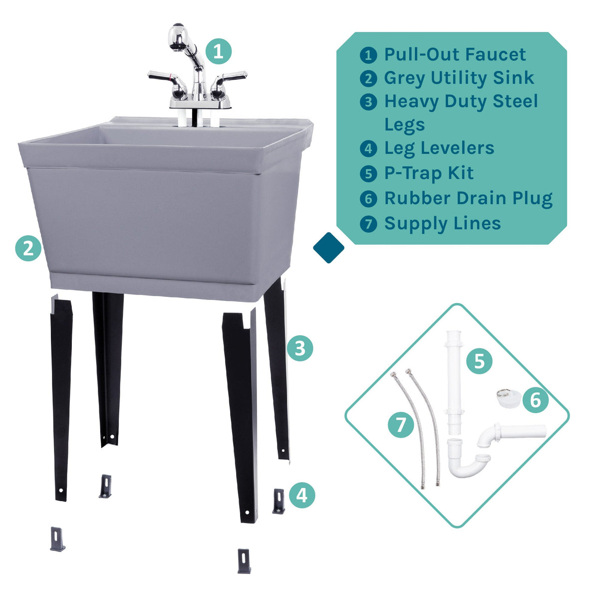 Tehila Standard Freestanding Grey Utility Sink with Chrome Finish Pull-Out Faucet