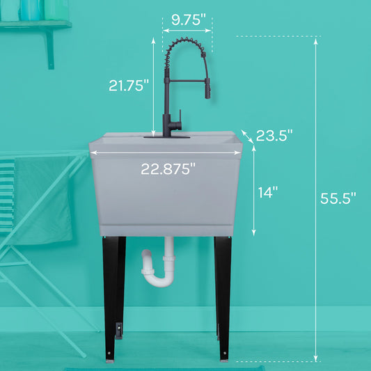 Tehila Standard Freestanding Grey Utility Sink with Black Finish High-Arc Coil Pull-Down Faucet