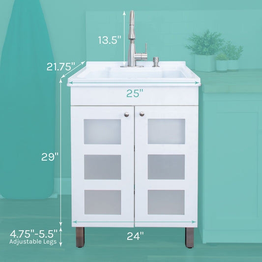 Tehila White Vanity Cabinet and White Utility Sink with Stainless Steel Finish Low-Profile Pull-Down Faucet