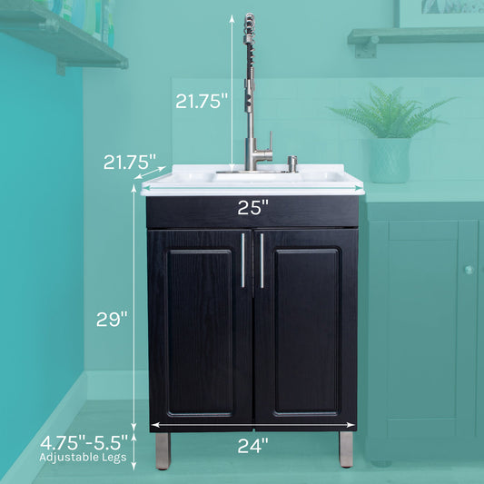 Tehila Black Vanity Cabinet and White Utility Sink with Stainless Steel Finish High-Arc Coil Pull-Down Faucet