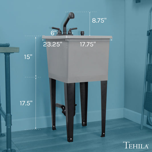 Tehila Space Saver Freestanding Grey Utility Sink with Black Finish Pull-Out Faucet