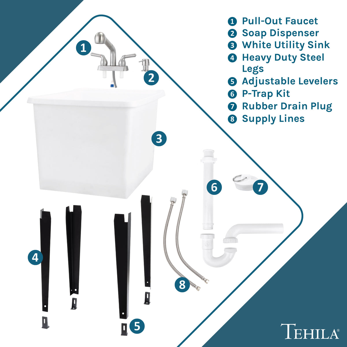 Tehila Space Saver Freestanding White Utility Sink with Stainless Steel Finish Pull-Out Faucet
