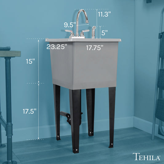 Tehila Space Saver Freestanding Grey Utility Sink with Chrome Finish Gooseneck Faucet and Side Sprayer