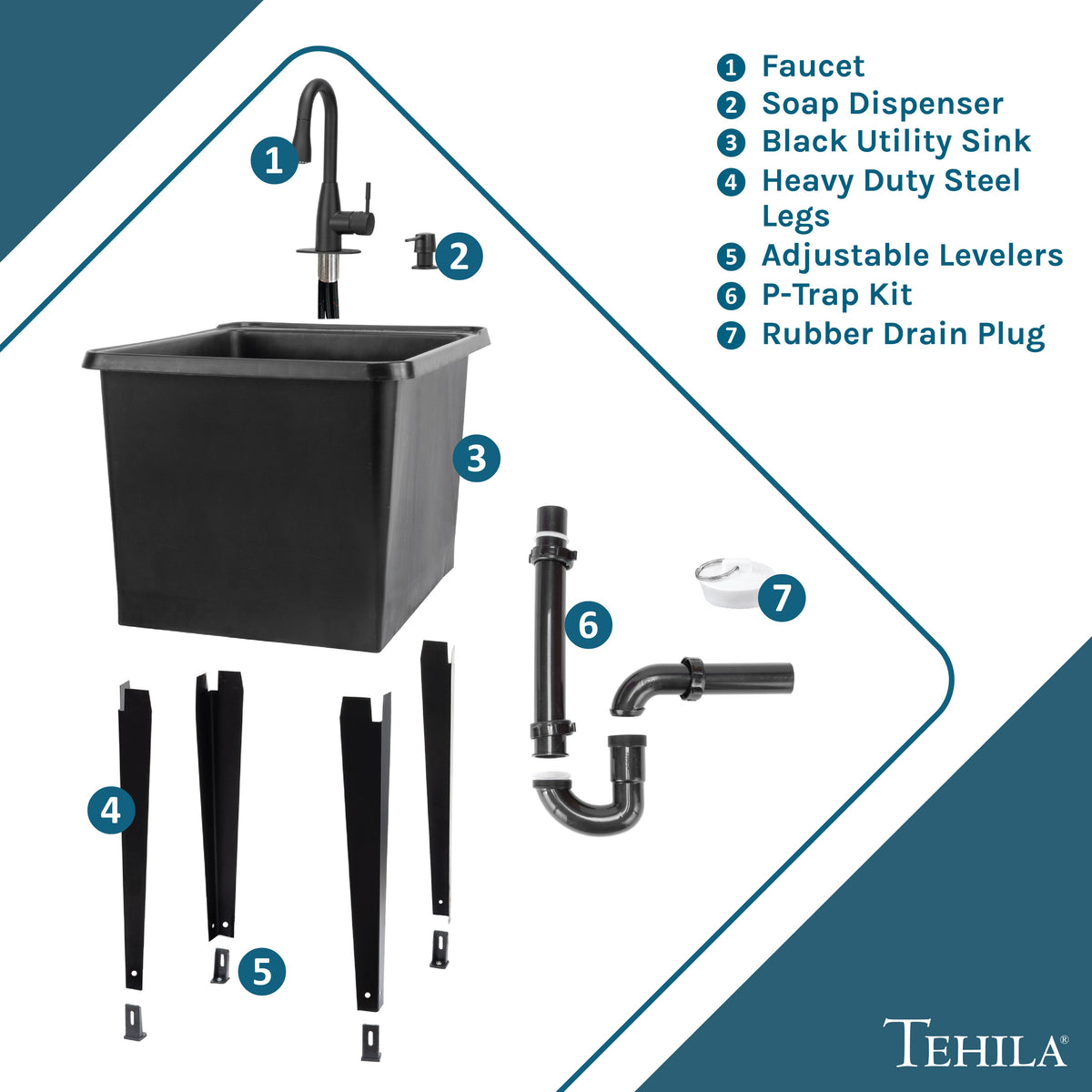 Tehila Space Saver Freestanding Black Utility Sink with Black Finish Low-Profile Pull-Down Faucet