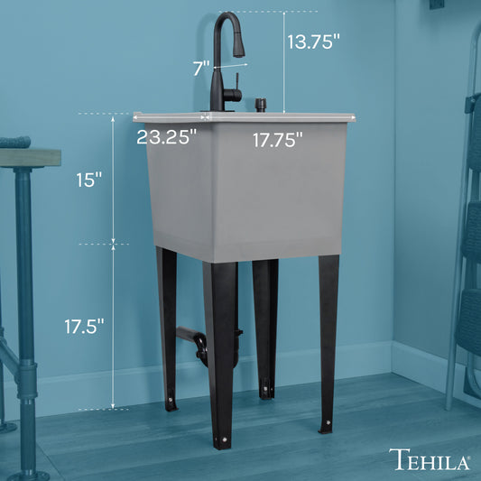Tehila Space Saver Freestanding Grey Utility Sink with Black Finish Low-Profile Pull-Down Faucet