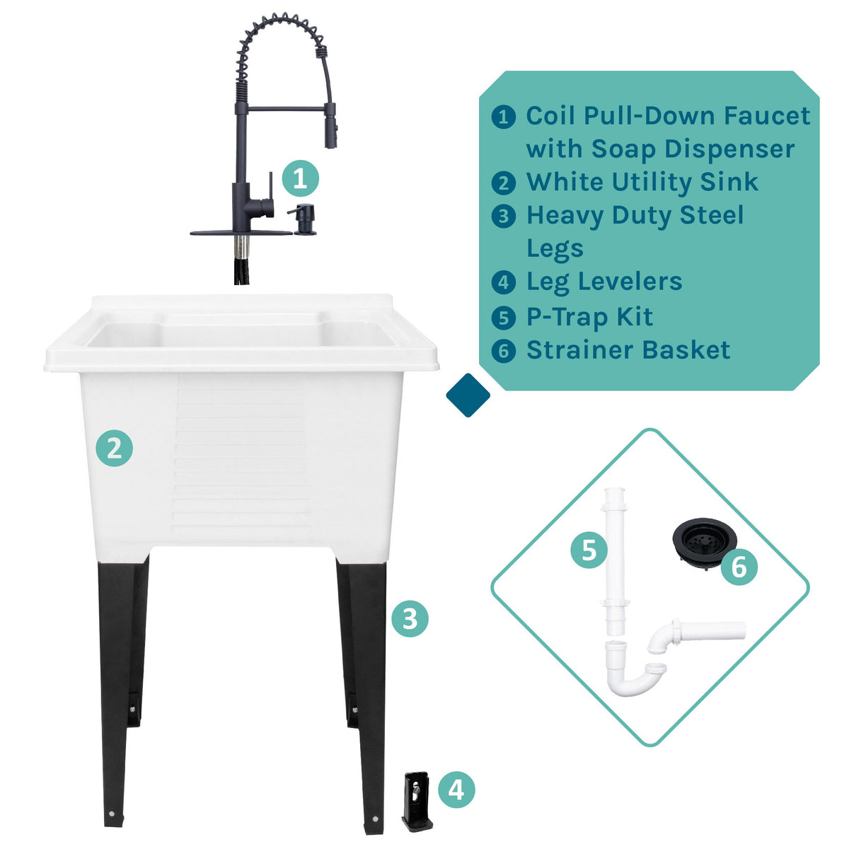 Tehila Luxe Freestanding White Utility Sink with Black Finish High-Arc Coil Pull-Down Faucet