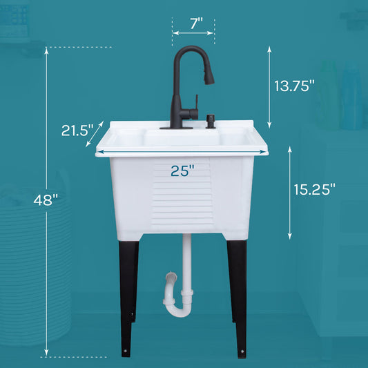 Tehila Luxe Freestanding White Utility Sink with Black Finish Low-Profile Pull-Down Faucet