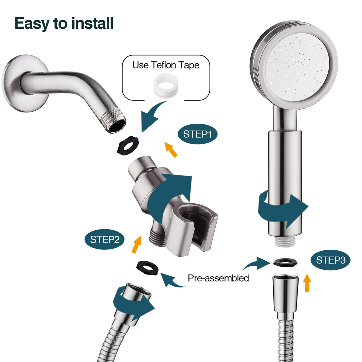 High Pressure Handheld Shower Head Kit, Handheld Shower with 60 Inch Hose and Bracket