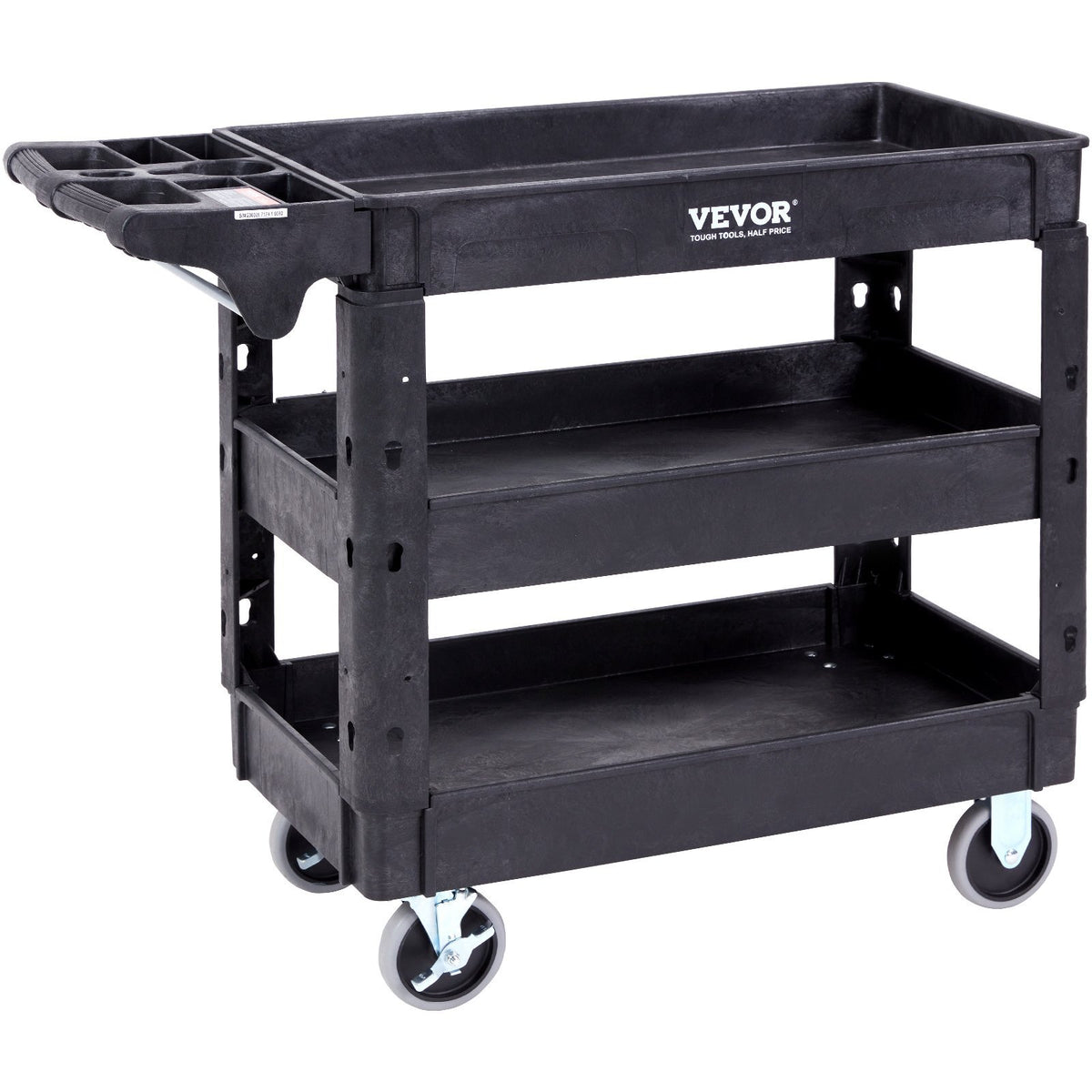 Utility Service Cart, 550 LBS Laod Capacity, 3 Shelf Heavy Duty Plastic Rolling Utility Cart with 360? Swivel Wheels (2 with Brakes), Ergonomic Storage Handle for Warehouse/Garage/Cleaning