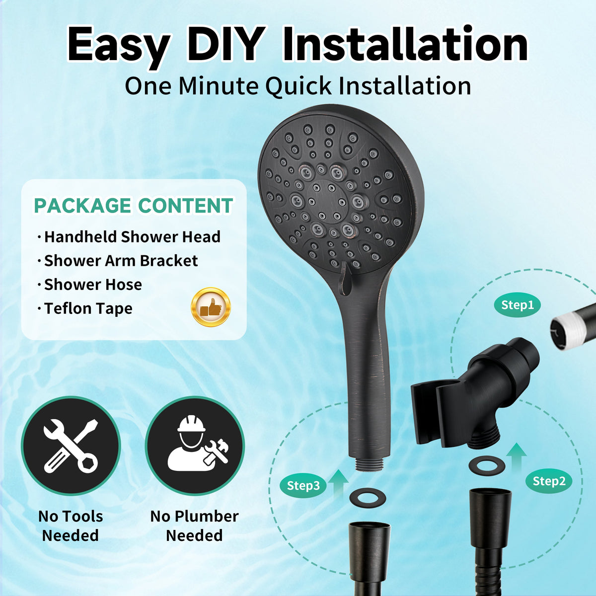 Handheld Shower Head, 9-Spray Showerhead with 69" Hose, Bracket