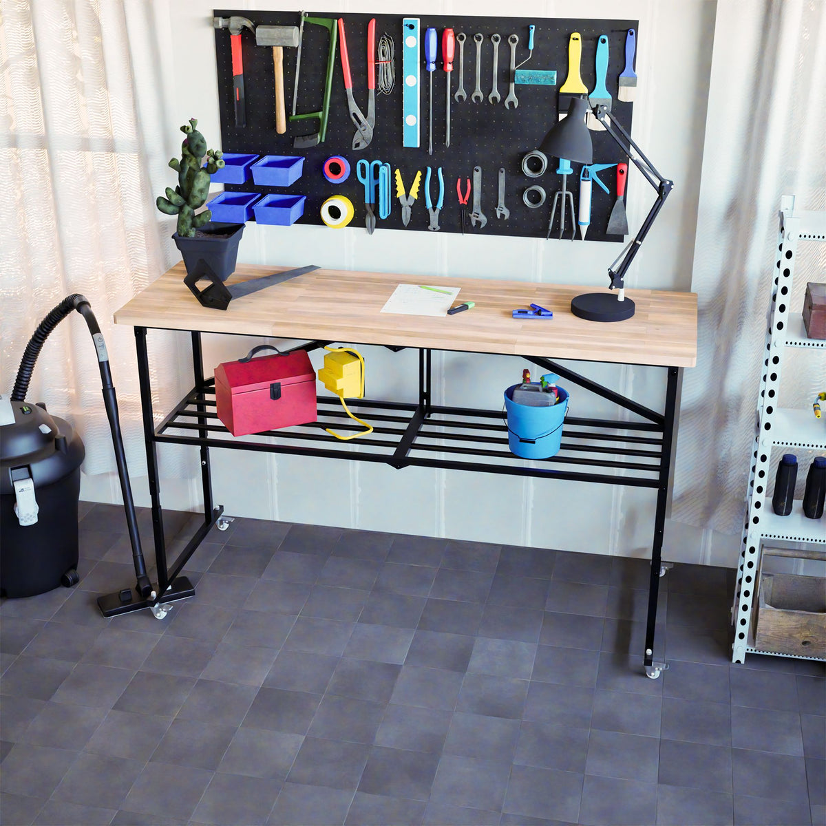 Foldable Hardwood Workbench Adjustable Wood-Top Utility Table with Locking Casters