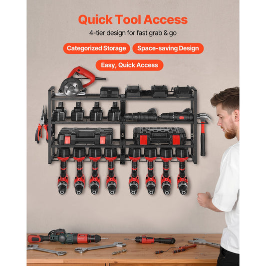 Power Tool Organizer Wall Mount Storage Rack with 8 Drill Holders Garage Tool Organizer