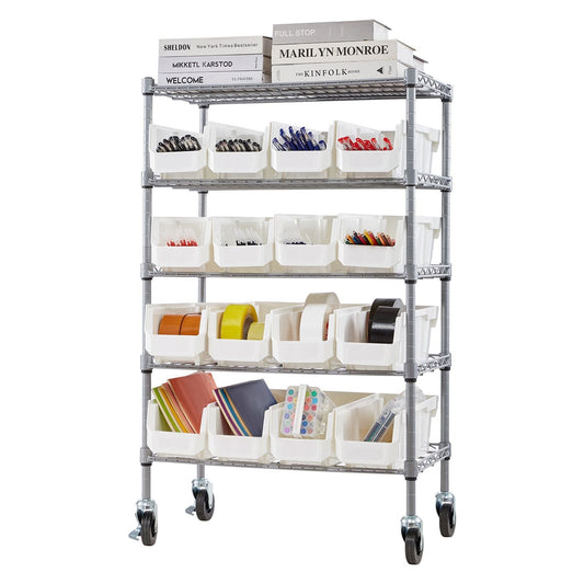 5-Tier Rolling Bin Storage Rack 16 Organizer Bins with Wheels
