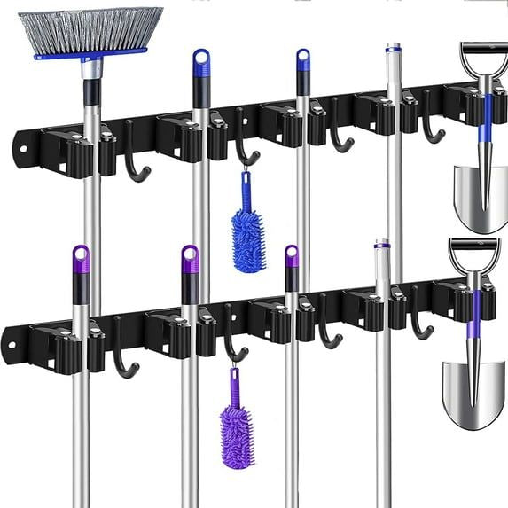 2-Pack Wall Mounted Metal Tool Storage Rack with 4 Slots & 5 Hooks, Black
