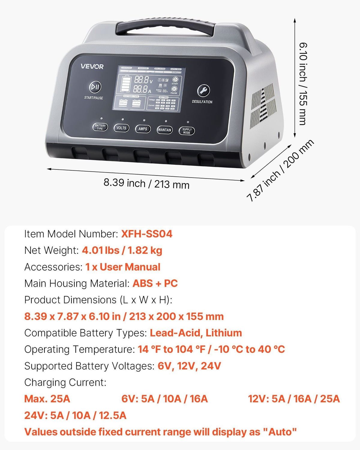 Smart Battery Charger, 25A, 6V 12V 24V Lithium LiFePO4 Lead-Acid (Gel/AGM) Car Battery Charger