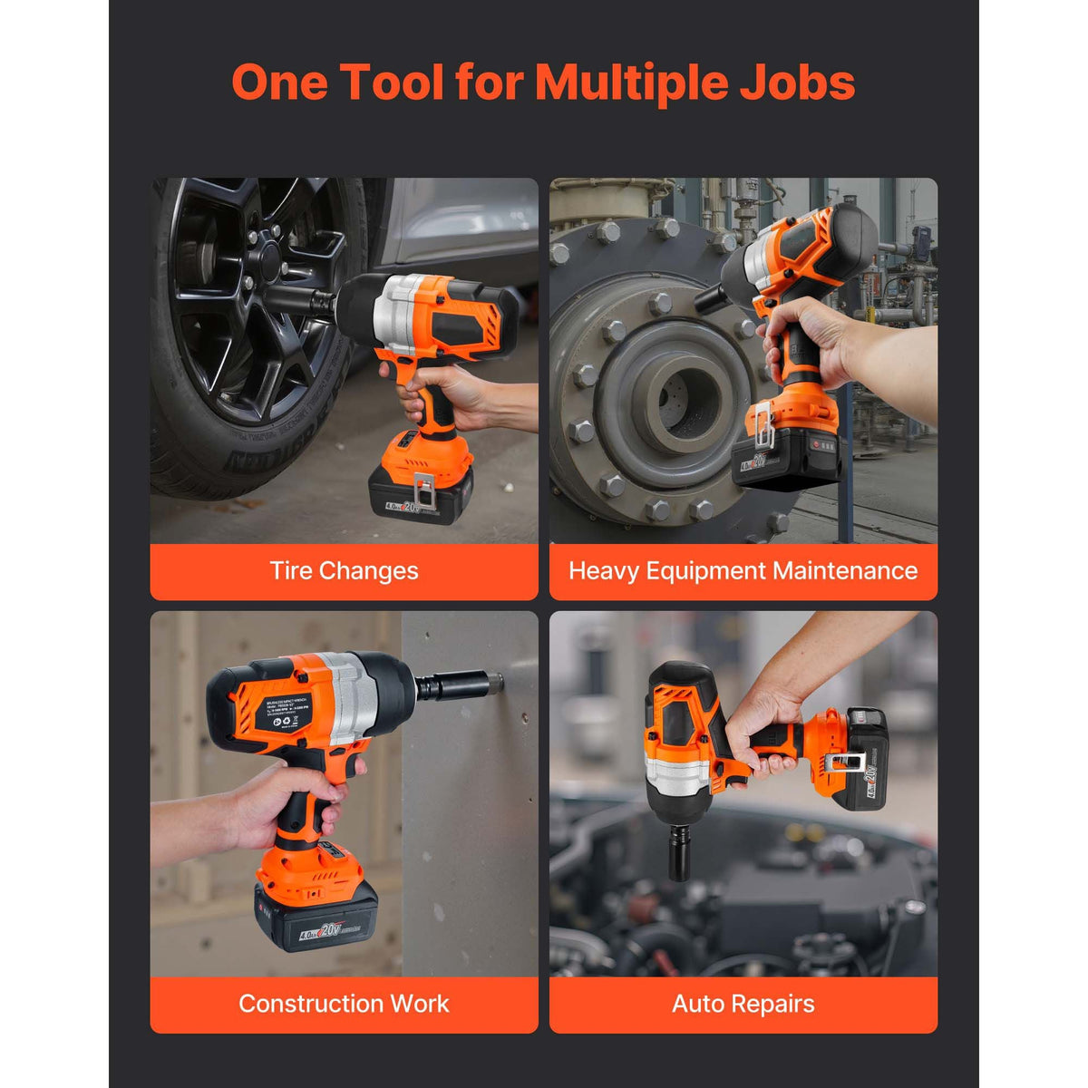 1/2 in Cordless Impact Wrench High Torque 20V Electric Impact Wrench Brushless Motor