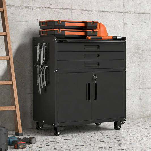 34.3" Rolling Metal Tool Cabinet Heavy Duty Garage Storage with Lockable Doors & 3 Drawers