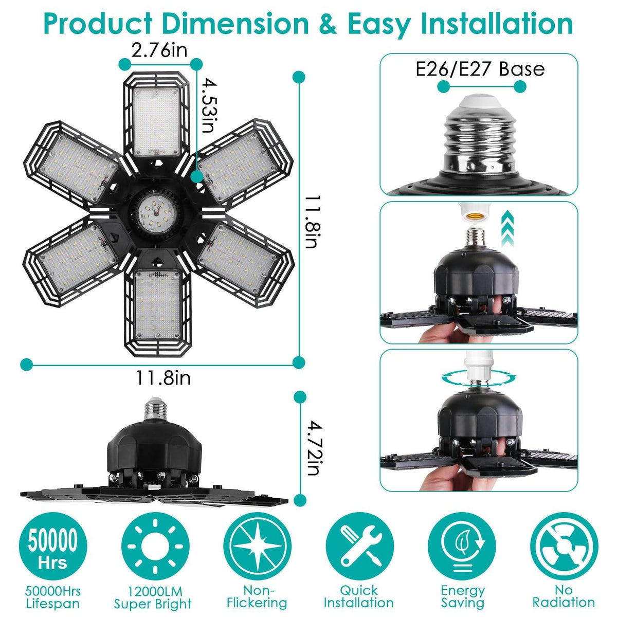 2 Packs LED Garage Lights 160W LED Shop Light E26/E27 with 6 Adjustable Lighting Blades