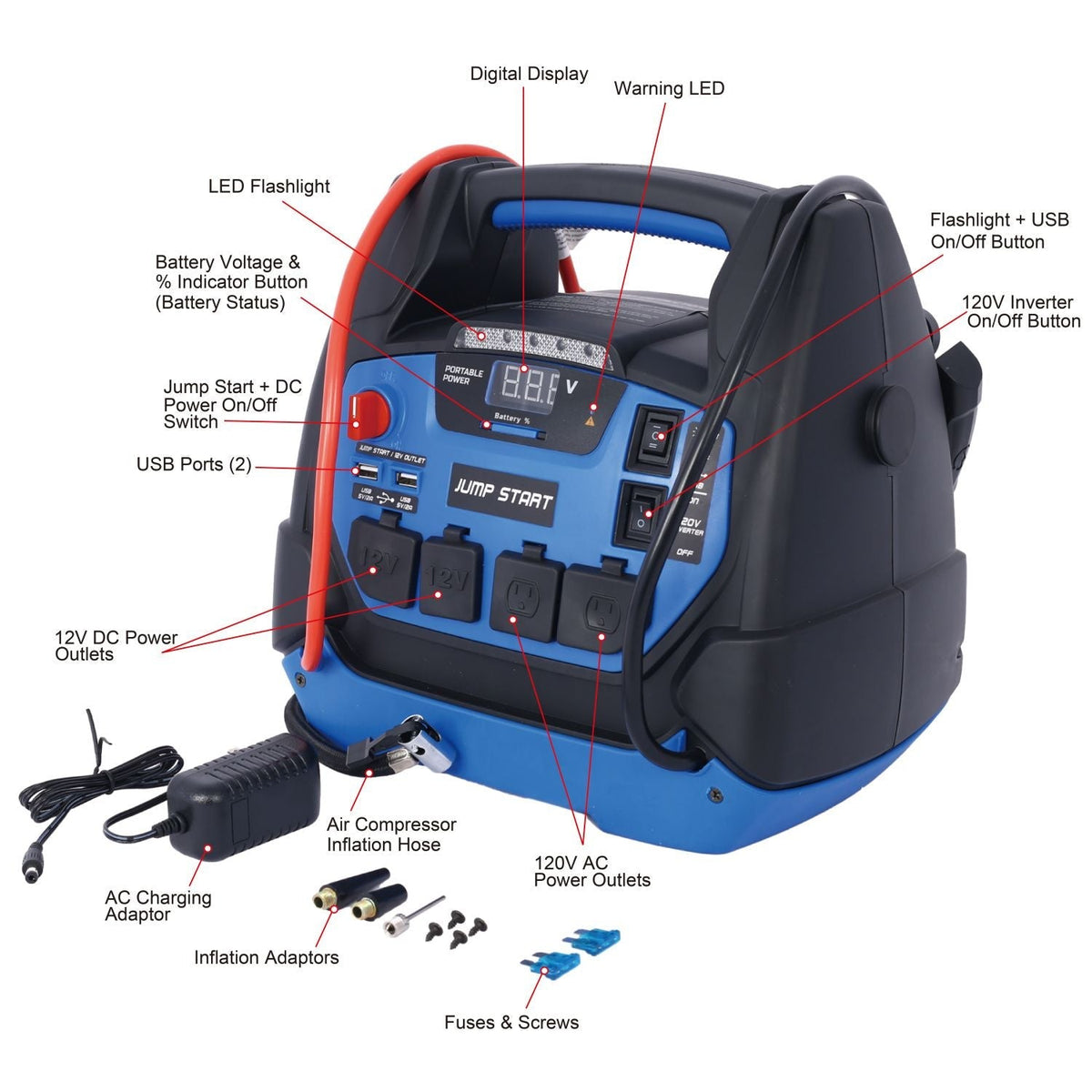 Rechargeable Jump Starter for Gas Diesel Vehicles 1800 Amps with Air Compressor and Power Bank