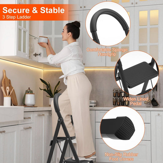 3-Step Foldable Ladder With Wide Anti-Slip Pedal Safety Locking Design