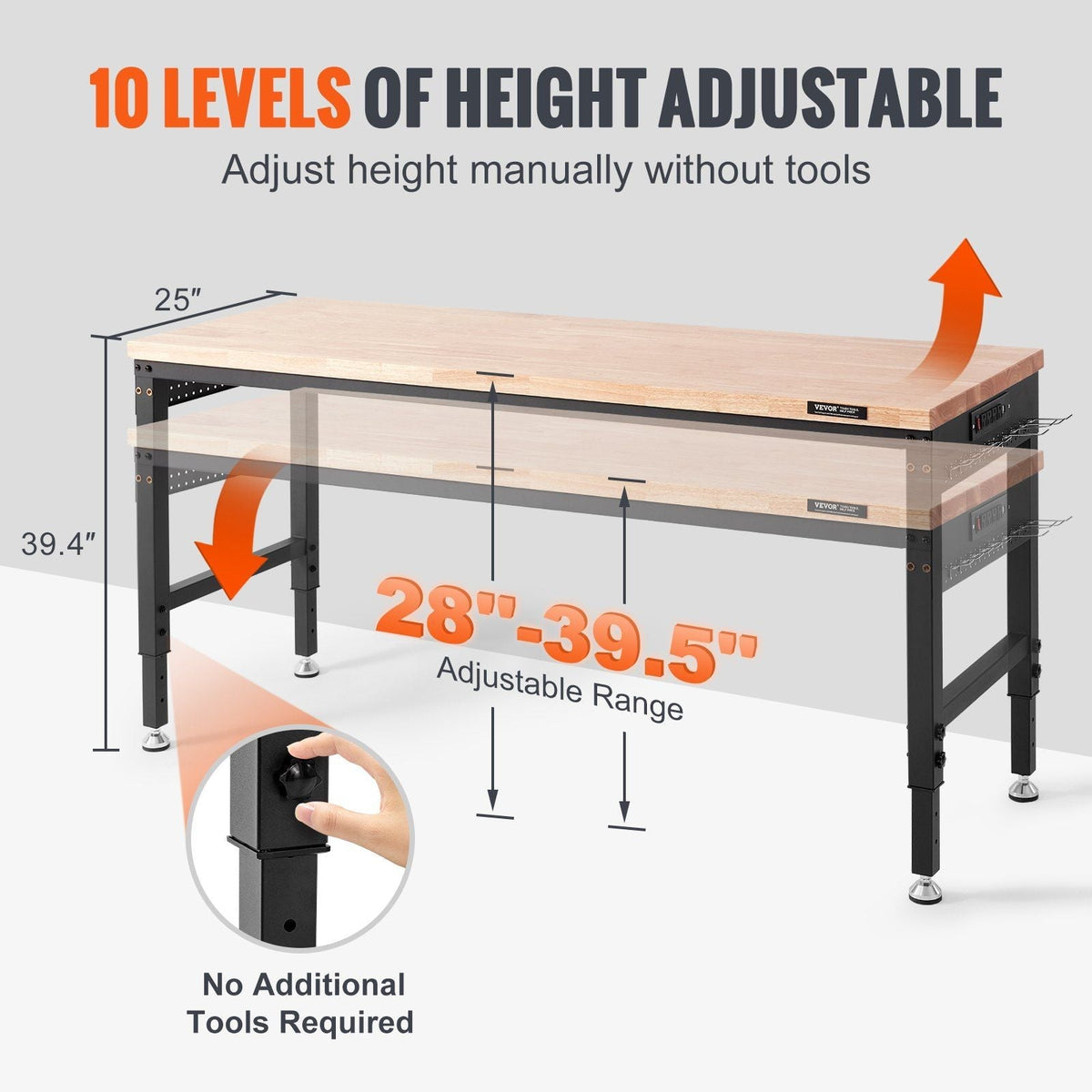 Adjustable Workbench 72" L X 25" with 28-39.5" Adjustable Heights & 3000 LBS Load Capacity