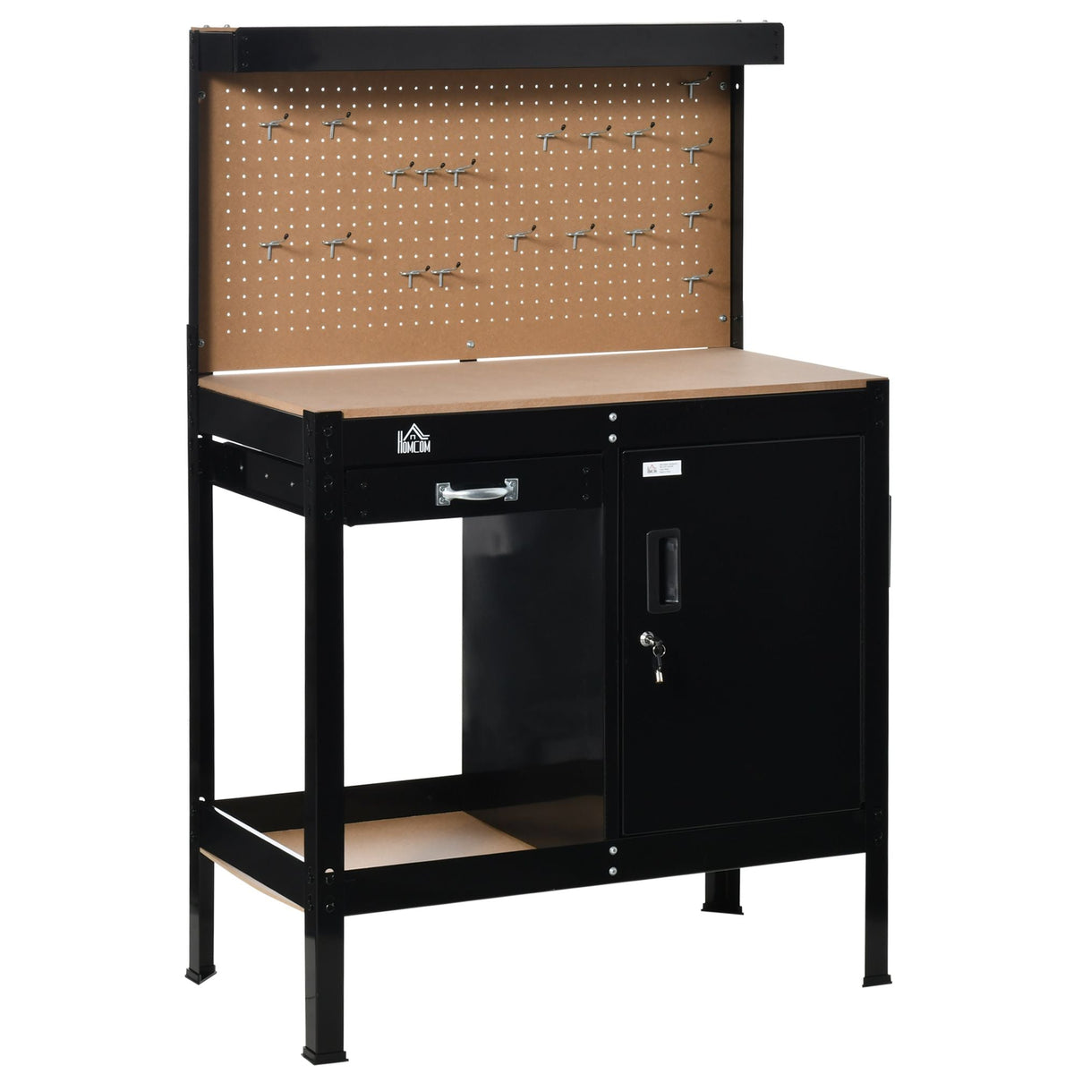 Workshop Workbench with Drawer Pegboard Storage Cabinet Black