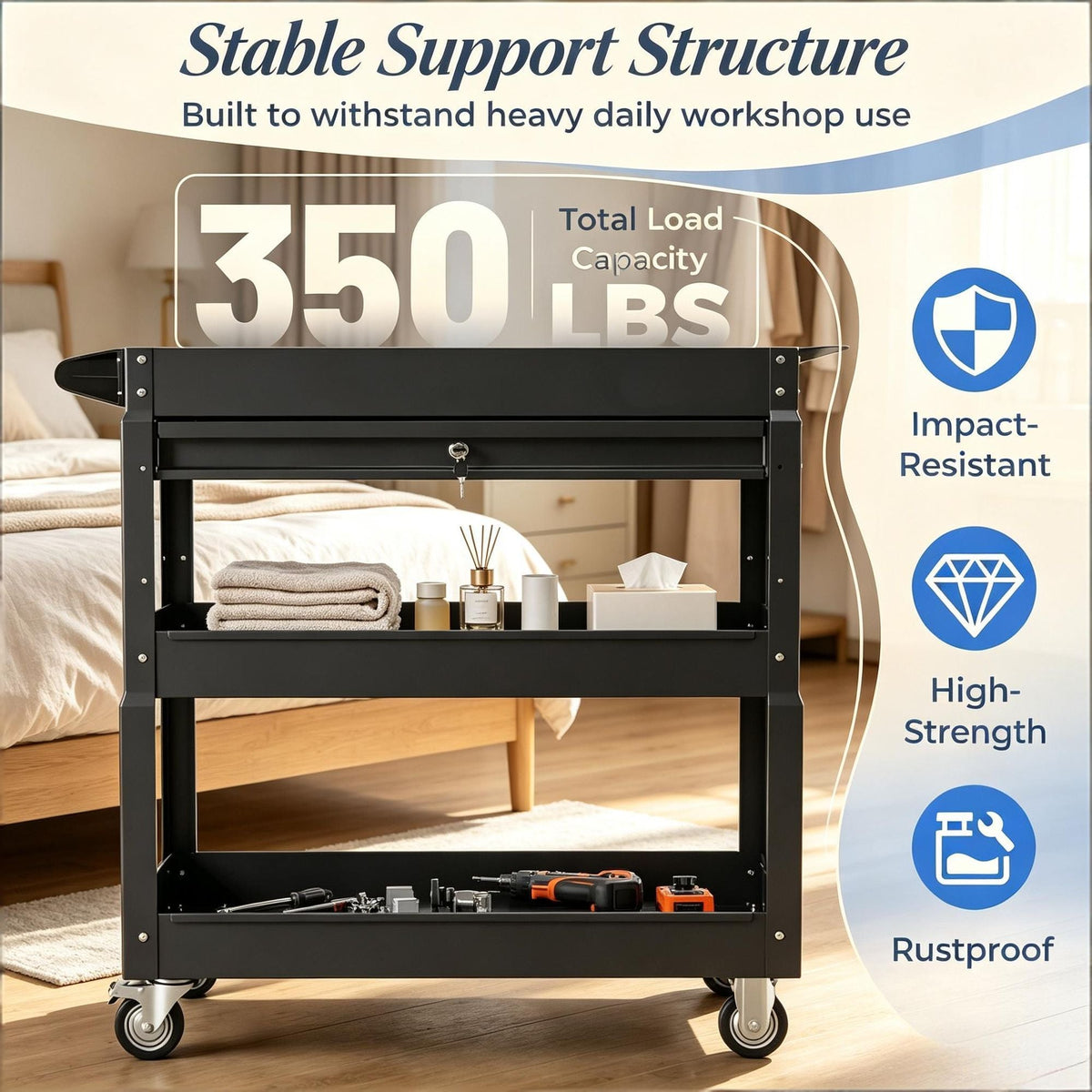 3 Tier Rolling Tool Cart Garage Workshop Lockable Drawer Storage Organizer Metal