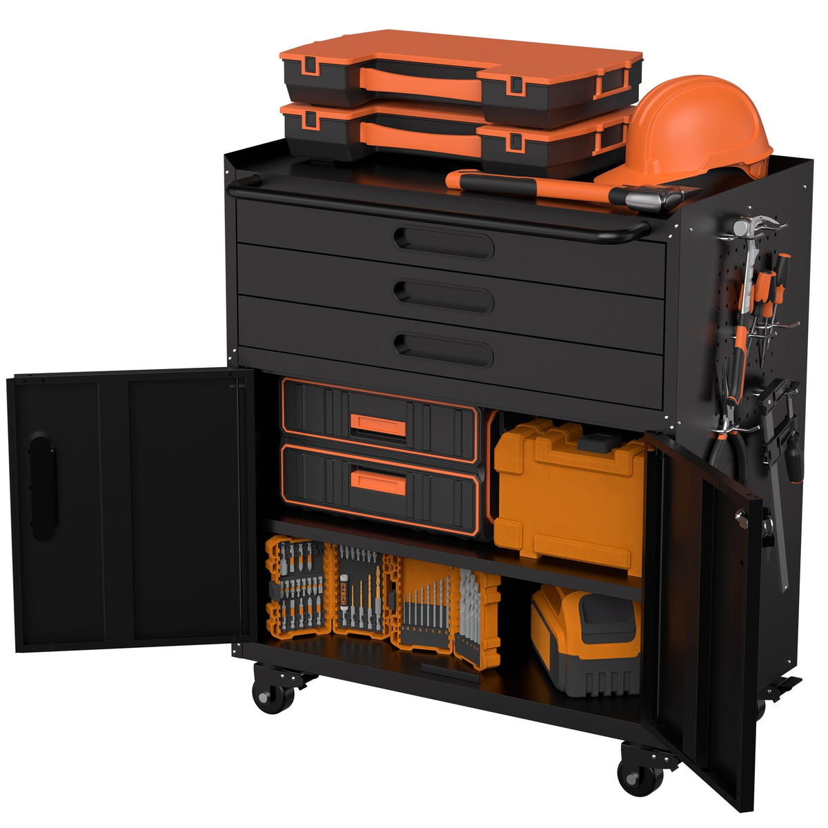 34.3" Rolling Metal Tool Cabinet Heavy Duty Garage Storage with Lockable Doors & 3 Drawers