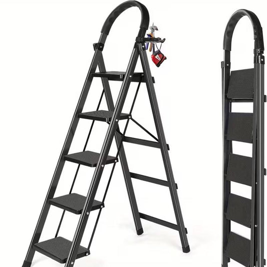 5 Step Ladder with Anti-Slip Pedals Foldable Steel Step Stool with Tool Tray 300LBS Capacity