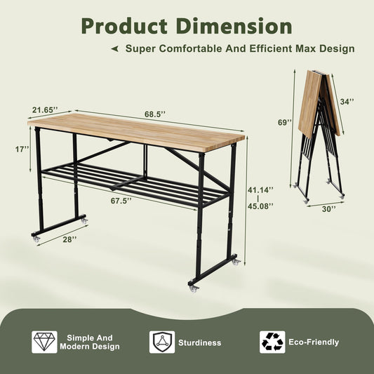 Foldable Hardwood Workbench Adjustable Wood-Top Utility Table with Locking Casters