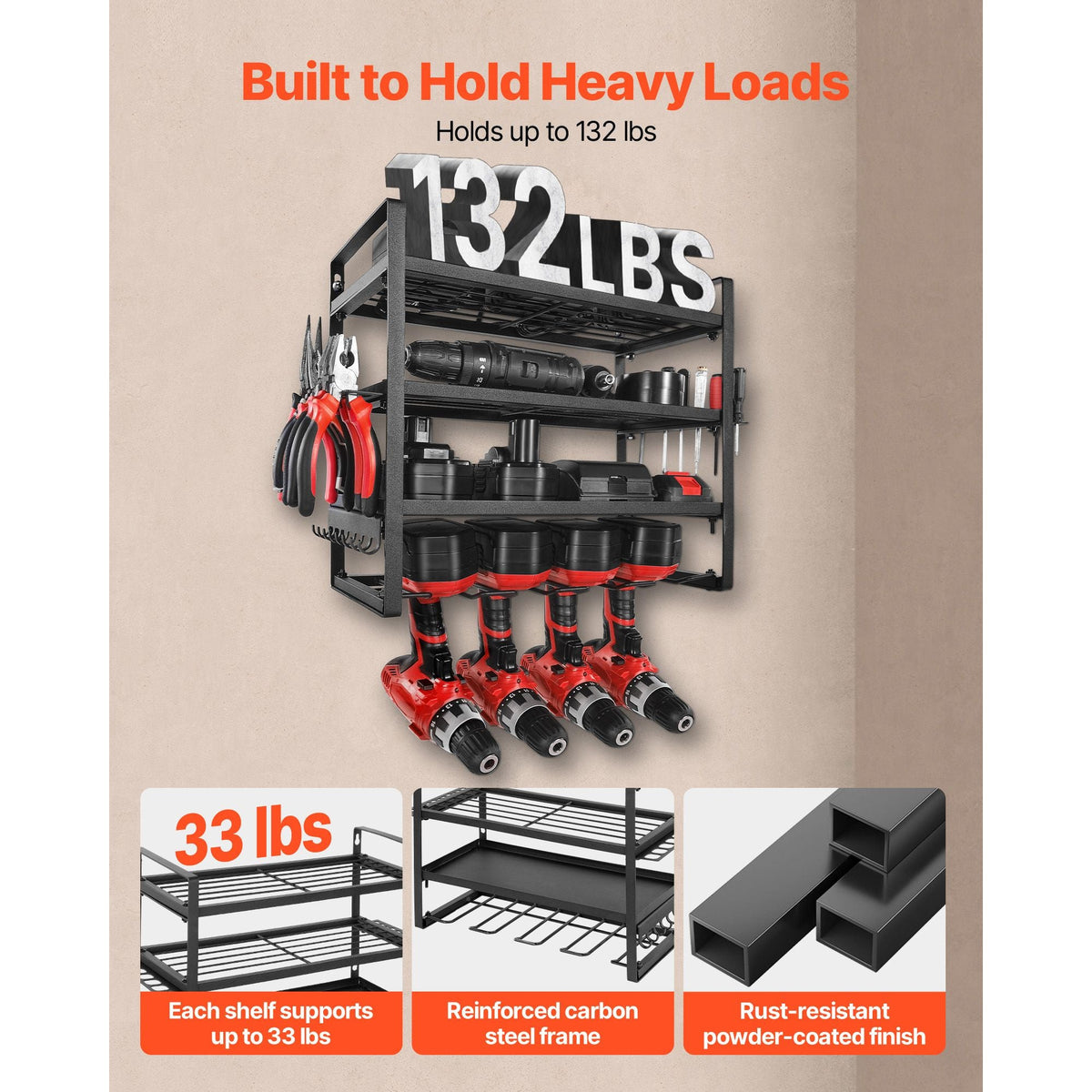 Power Tool Organizer Wall Mount Storage Rack with 4 Drill Holders Garage Tool Organizer