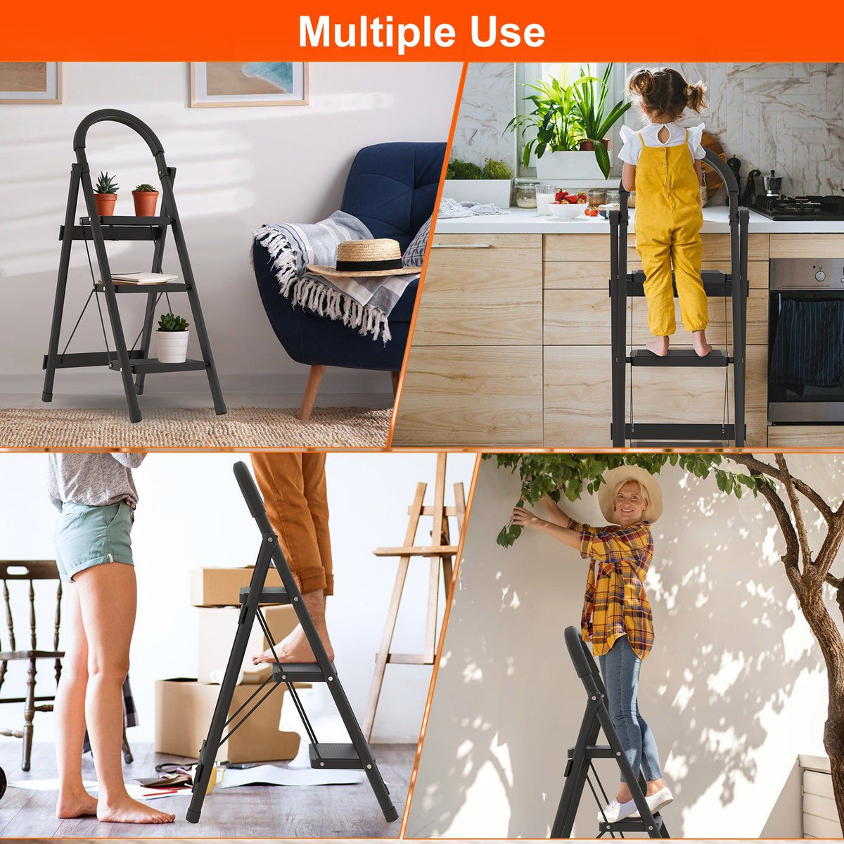 3-Step Foldable Ladder With Wide Anti-Slip Pedal Safety Locking Design