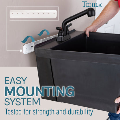 Tehila Standard Wall-Mounted Black Utility Sink with Black Finish Pull-Out Faucet