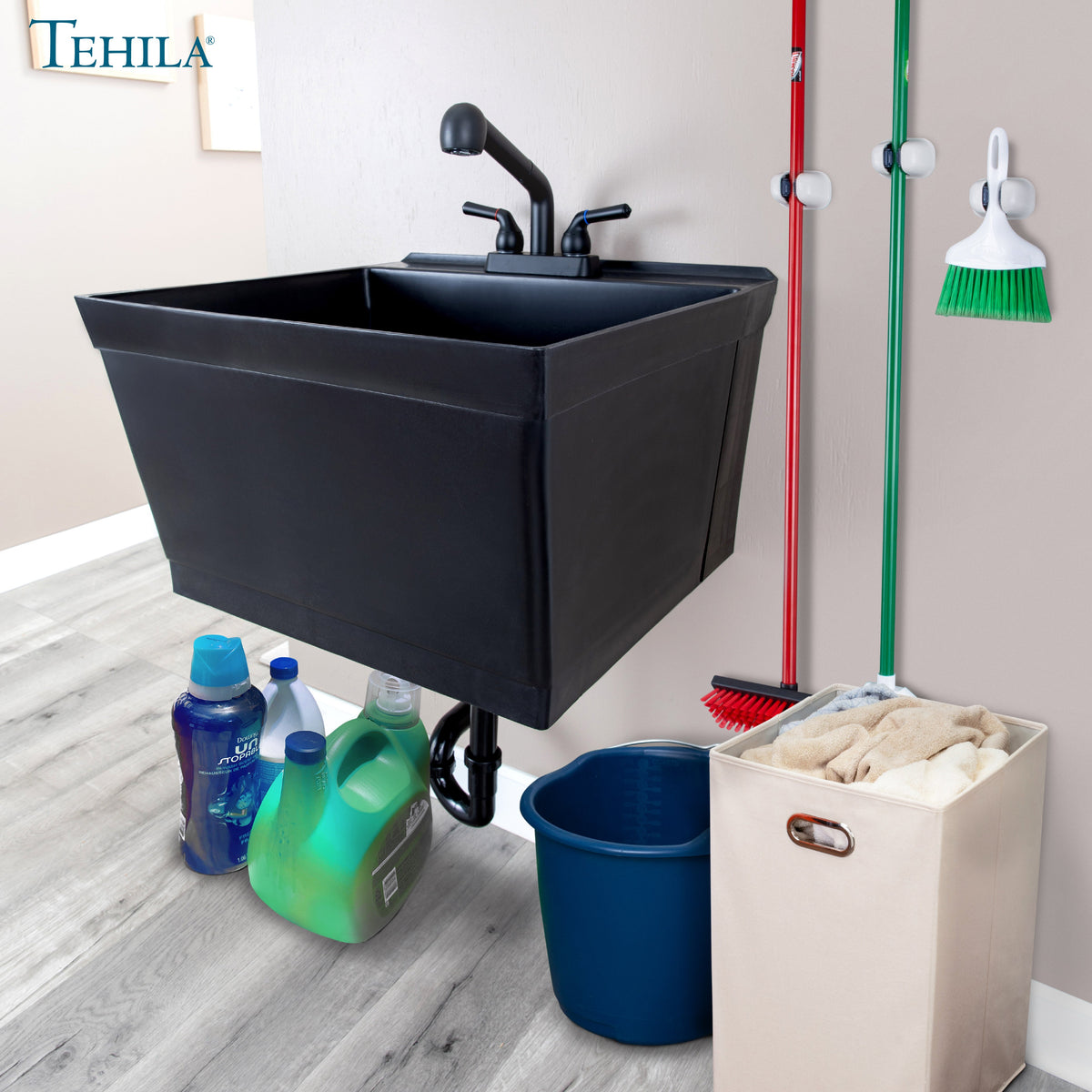 Tehila Standard Wall-Mounted Black Utility Sink with Black Finish Pull-Out Faucet