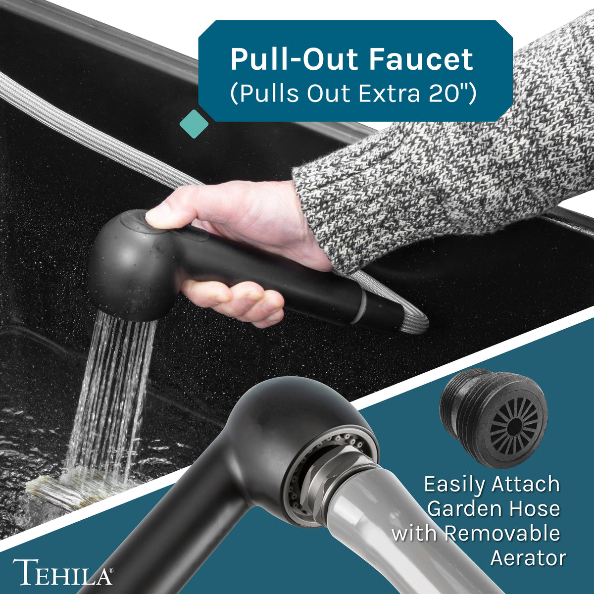 Tehila Standard Wall-Mounted Black Utility Sink with Black Finish Pull-Out Faucet