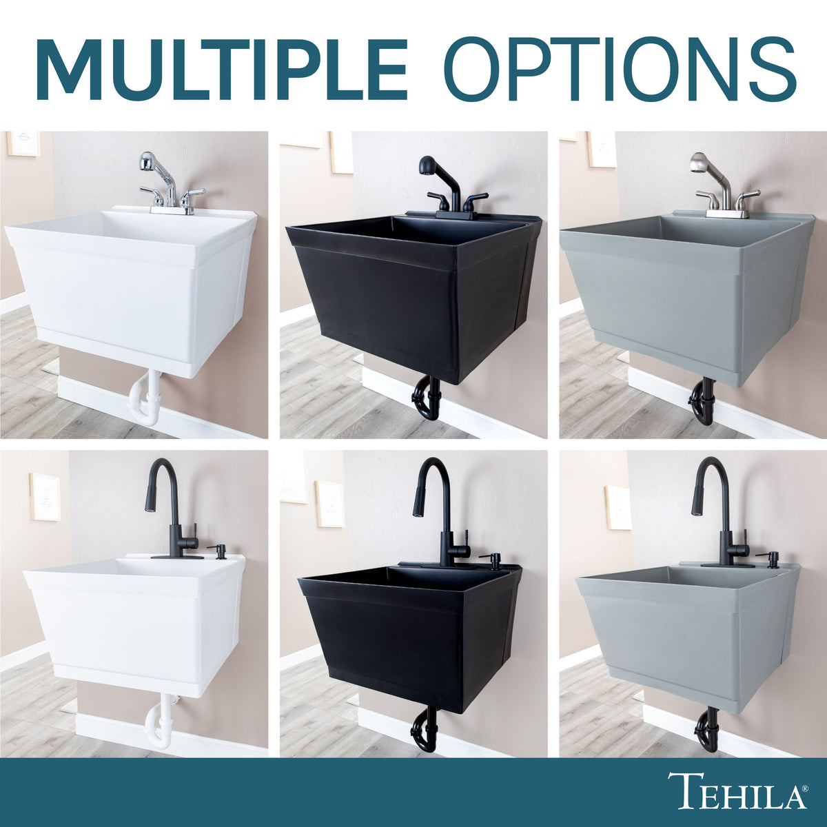 Tehila Standard Wall-Mounted Black Utility Sink with Black Finish Pull-Out Faucet