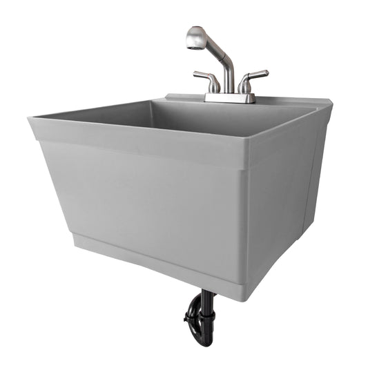 Tehila Standard Wall-Mounted Grey Utility Sink with Stainless Steel Finish Pull-Out Faucet