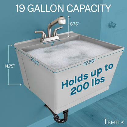 Tehila Standard Wall-Mounted Grey Utility Sink with Stainless Steel Finish Pull-Out Faucet