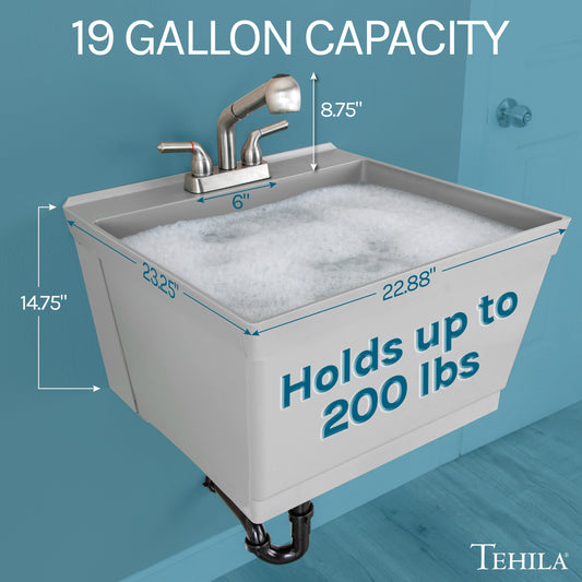 Tehila Standard Wall-Mounted Grey Utility Sink with Stainless Steel Finish Pull-Out Faucet