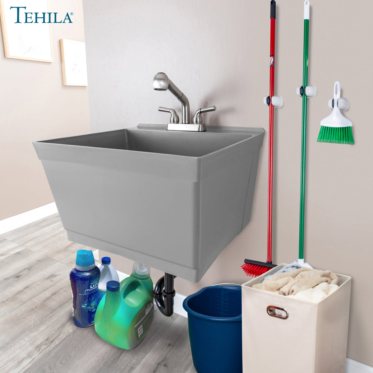 Tehila Standard Wall-Mounted Grey Utility Sink with Stainless Steel Finish Pull-Out Faucet
