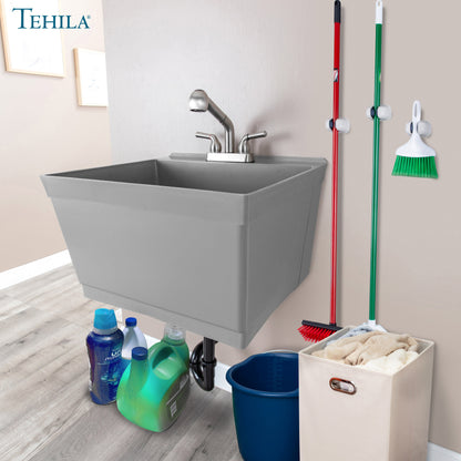 Tehila Standard Wall-Mounted Grey Utility Sink with Stainless Steel Finish Pull-Out Faucet