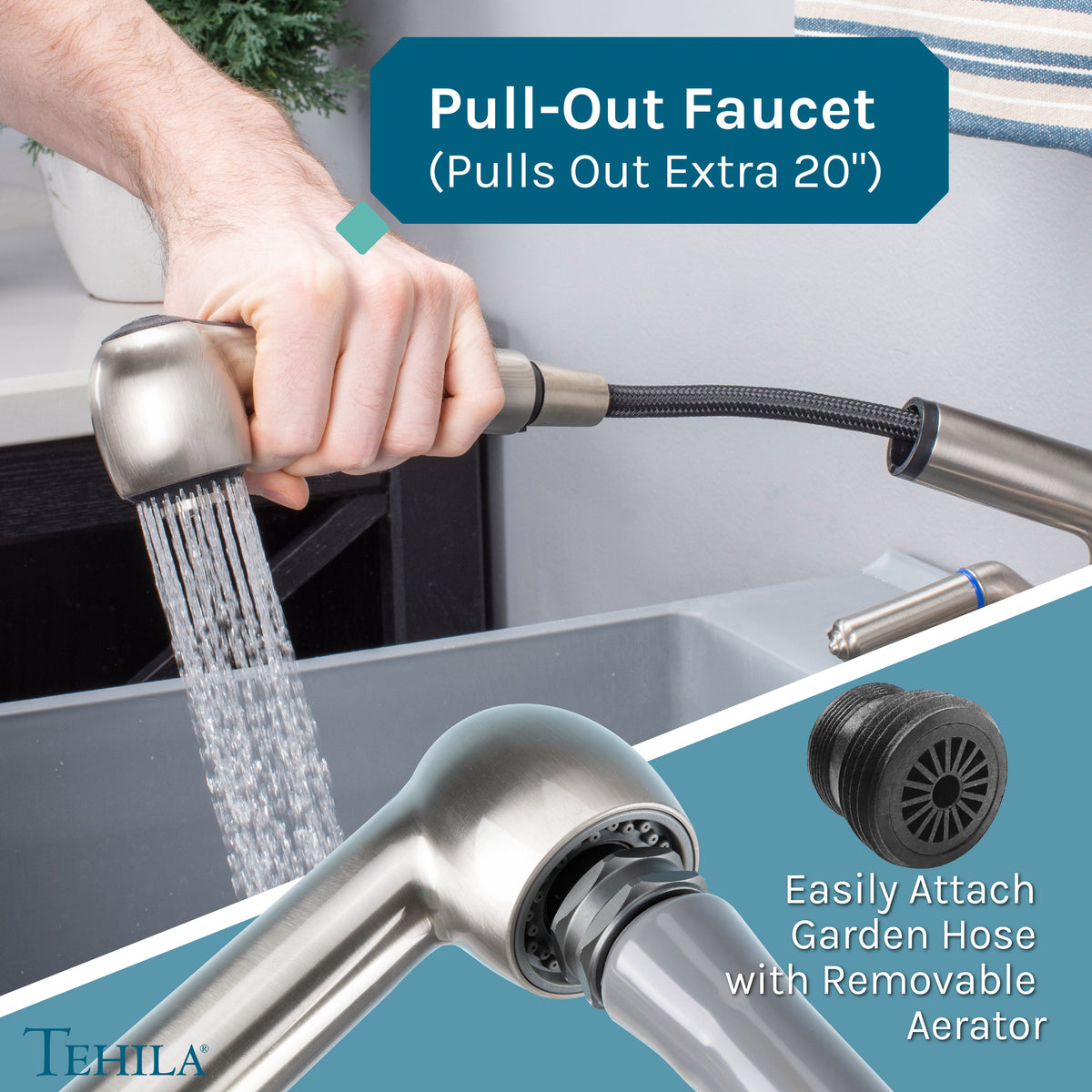 Tehila Standard Wall-Mounted Grey Utility Sink with Stainless Steel Finish Pull-Out Faucet