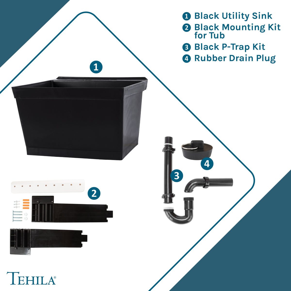 Tehila Standard Wall-Mounted Black Utility Sink, No Supply Lines