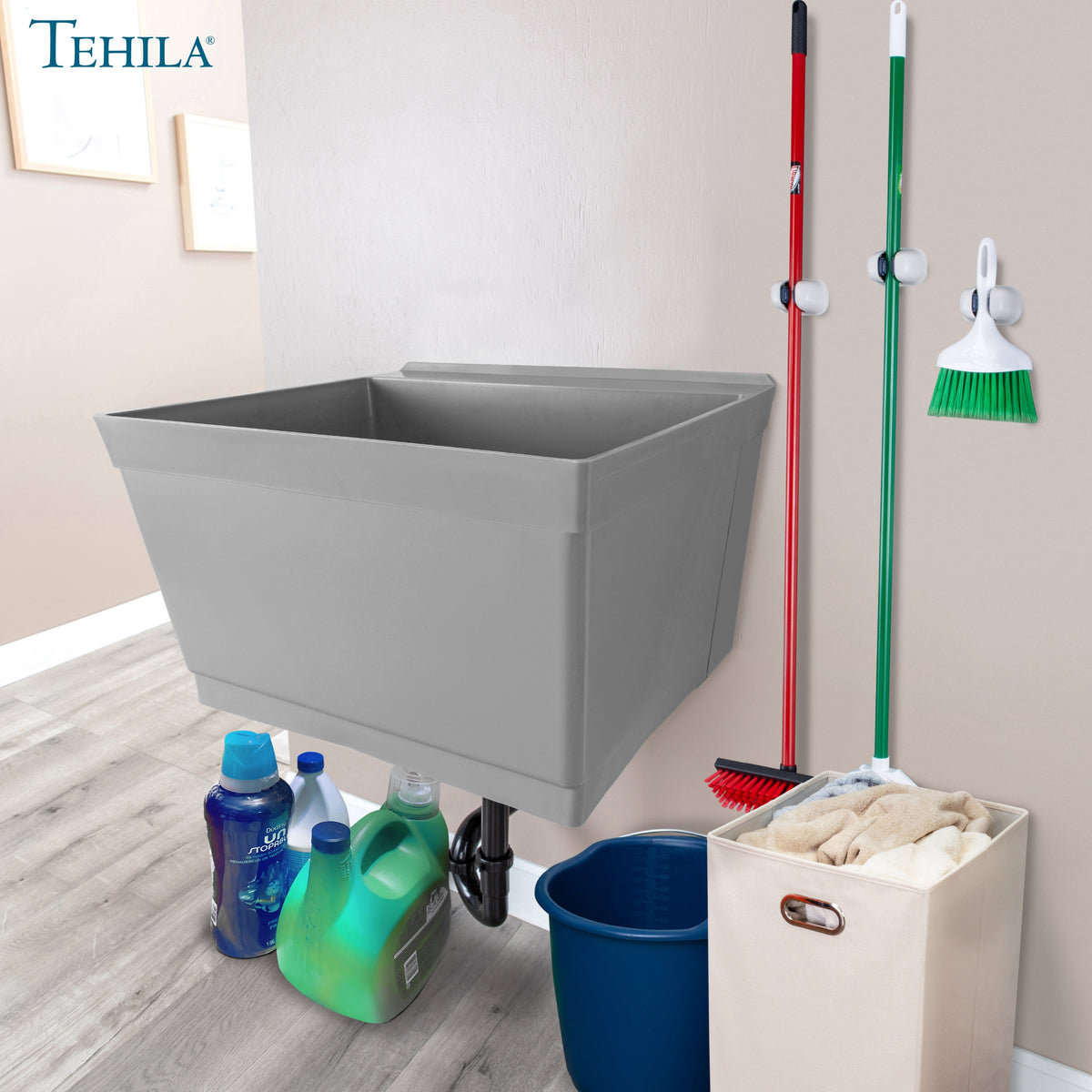 Tehila Standard Wall-Mounted Grey Utility Sink, Water Supply Lines Included