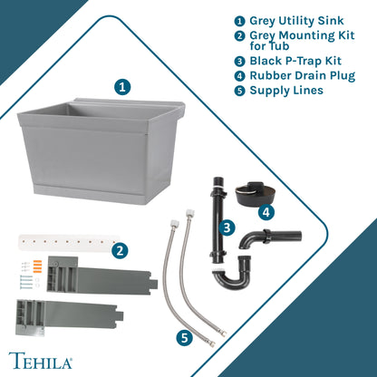 Tehila Standard Wall-Mounted Grey Utility Sink, Water Supply Lines Included