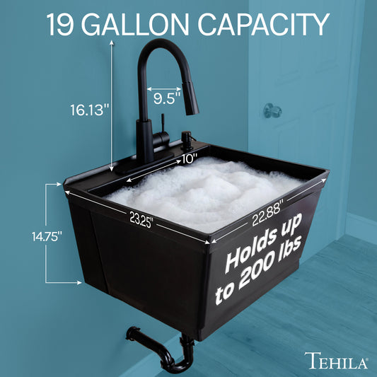 Tehila Standard Wall-Mounted Black Utility Sink with Black Finish Pull-Down Faucet