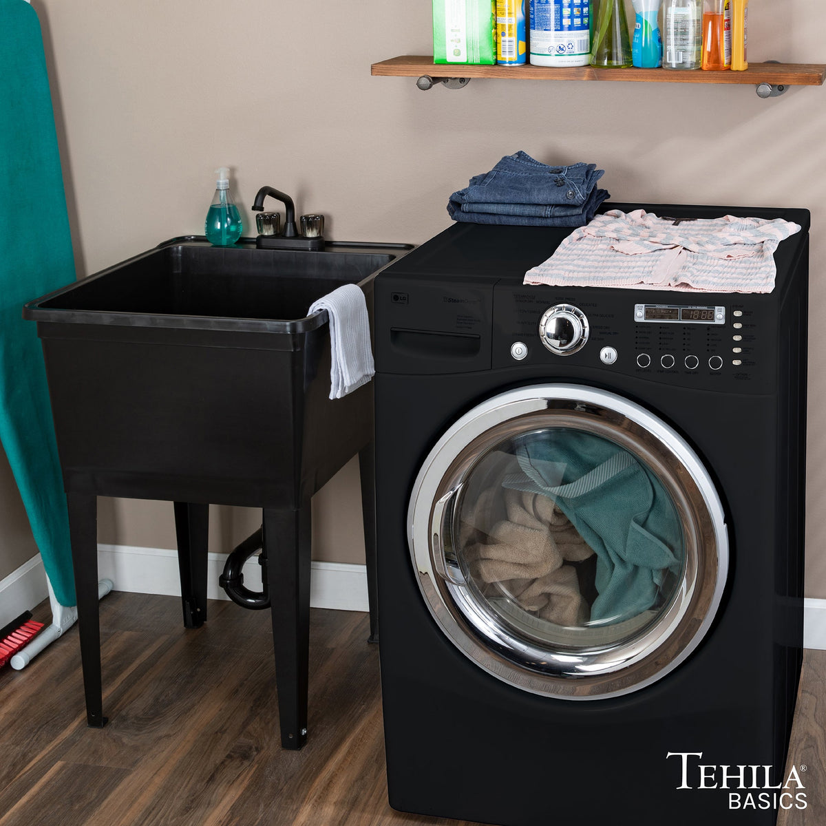Tehila Basics Freestanding Black Utility Sink with Black Finish Dual Handle Utility Faucet