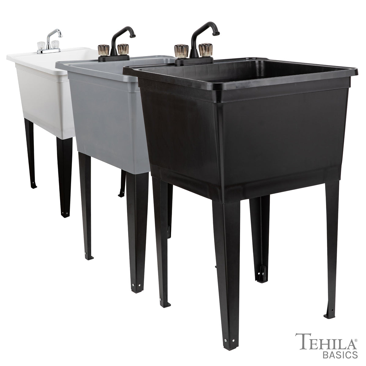 Tehila Basics Freestanding Grey Utility Sink with Black Finish Dual Handle Utility Faucet