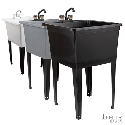Tehila Basics Freestanding White Utility Sink with Chrome Finish Dual Handle Utility Faucet