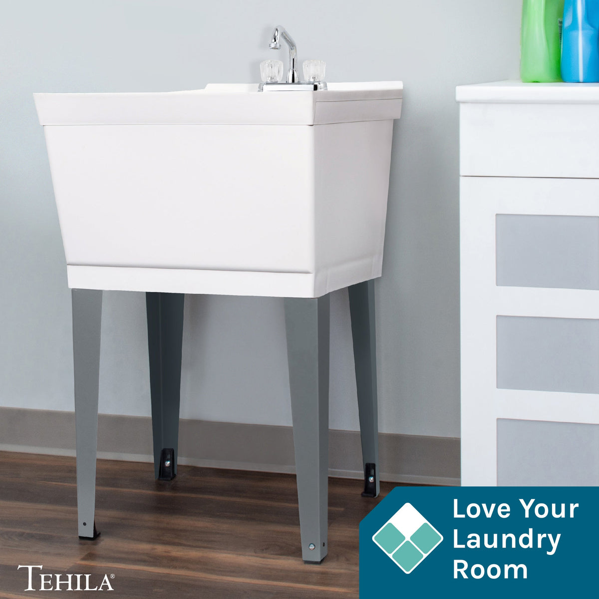 Tehila Standard Freestanding White Utility Sink with Chrome Finish Double Knob Utility Faucet